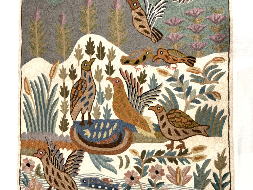 Folk Art Exquisite Crewel Embroidery Textile Bird Garden Floral Landscape 24x35